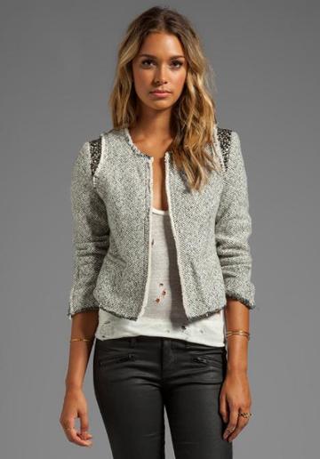 Mm Couture By Miss Me Tweed Jacket W/ Beads In Light Gray