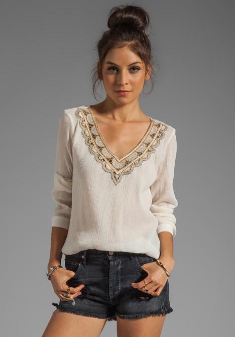 Beyond Vintage Long Sleeve Baby Doll Blouse With Embroidery In Ivory