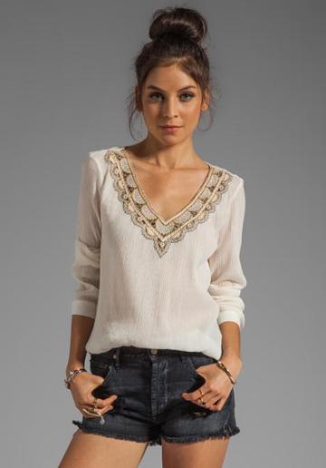 Beyond Vintage Long Sleeve Baby Doll Blouse With Embroidery In Ivory