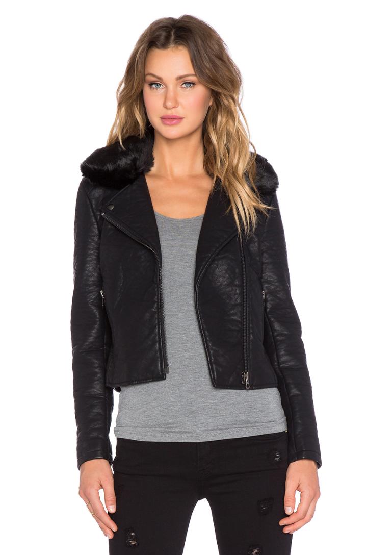 Faux Leather Jacket With Faux Fur Collar