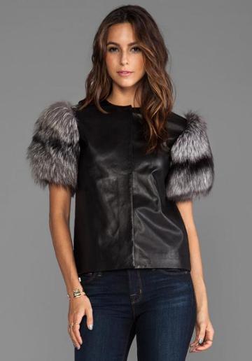 Max Fowles Silver Fox Fur Sleeve Top In Black