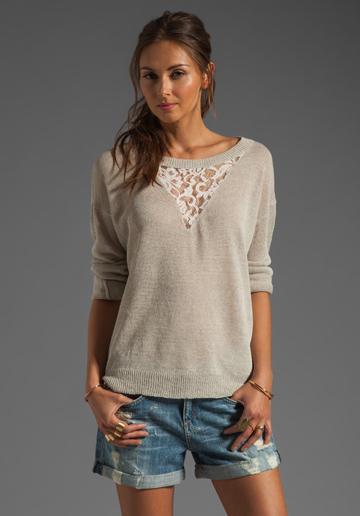 Haute Hippie Pullover Sweatshirt With Lace Inset In Beige