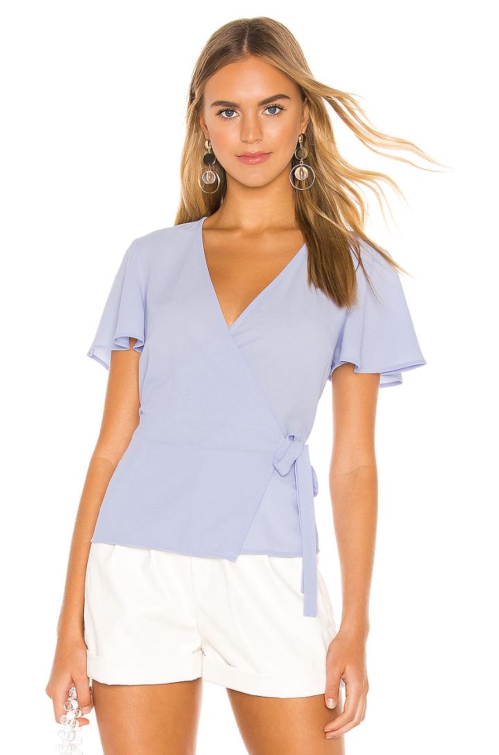Short Sleeve Wrap Front Flounce Sleeve Blouse