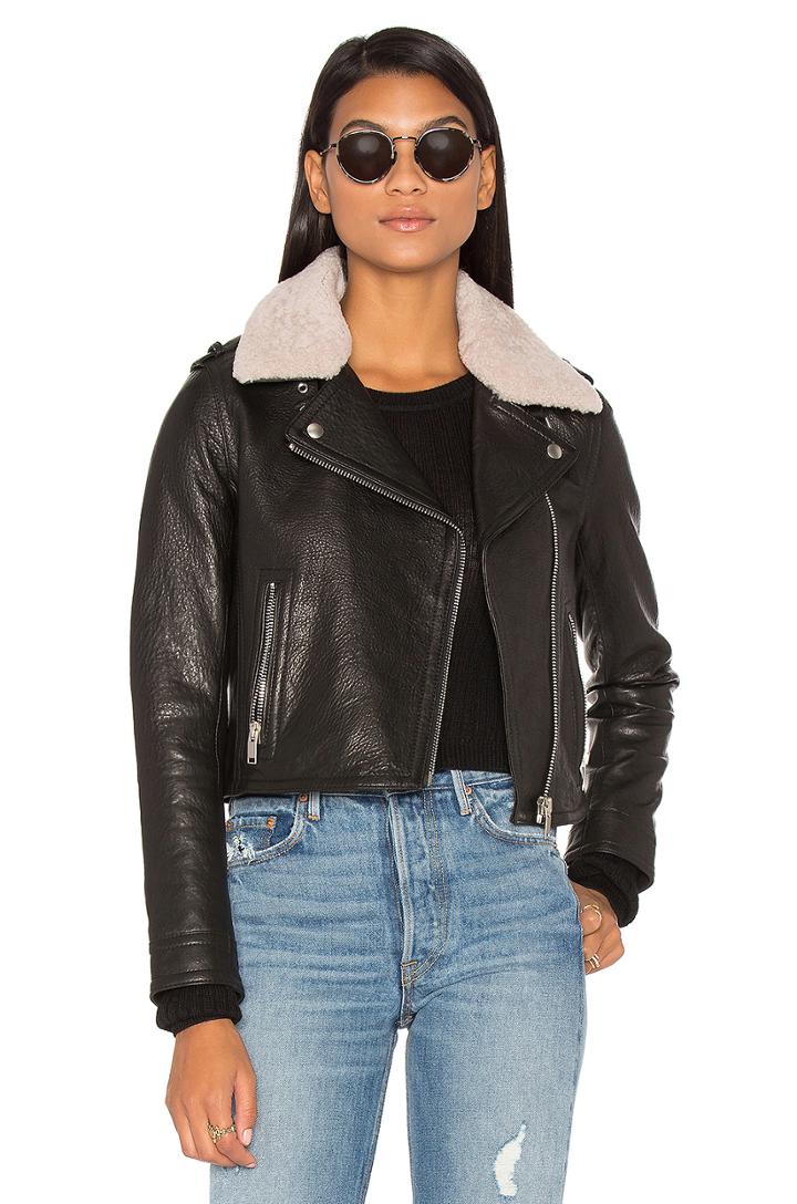 Detachable Lamb Shearling Fur Collar Aviator Moto Jacket