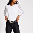 River Island Womens Petite White Lace Long Puff Sleeve T-shirt