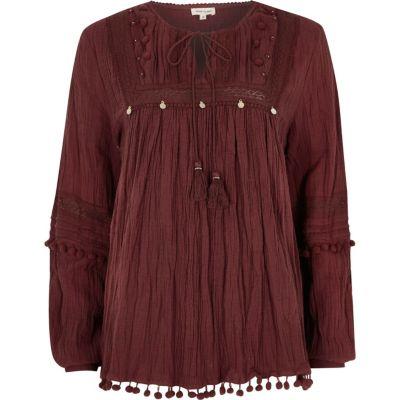 River Island Womens Lace Yoke Pom Pom Tie Neck Top