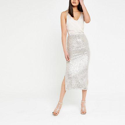 River Island Womens Silver Sequin Embellished Pencil Skirt