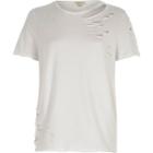 River Island Womens White Pearl Detail Ripped Fitted T-shirt
