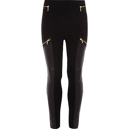 River Island Girls Faux Leather Panel Zip Leggings