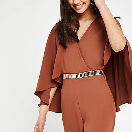 River Island Womens Rust Cape Sleeve Wide Leg Jumpsuit