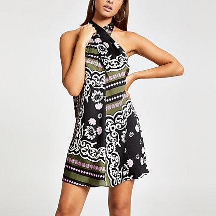 River Island Womens Printed Cross Neck Dress