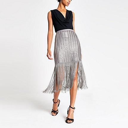 River Island Womens Silver Sequin Embellished Tassel Pencil Skirt