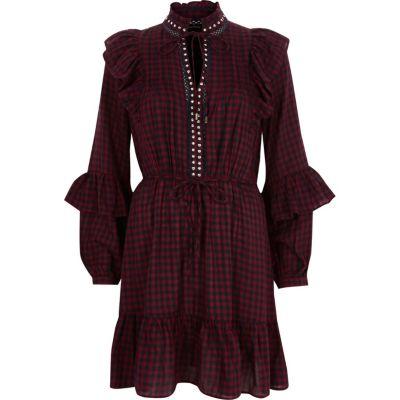 River Island Womens Check Frill High Neck Dress