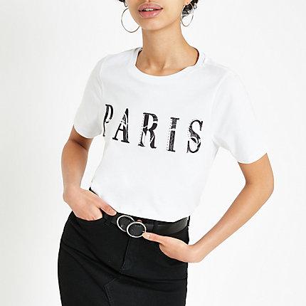 River Island Womens White 'paris' Heatseal Print Fitted T-shirt