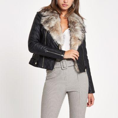 River Island Womens Faux Fur Trim Quilted Biker Jacket
