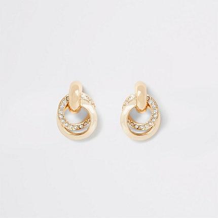 River Island Womens Gold Colour Diamante Hoop Twist Stud Earrings