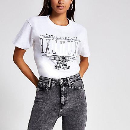 River Island Womens Petite White Embellished Bow Print T-shirt