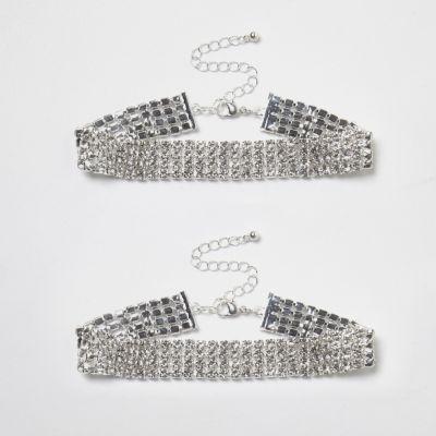 River Island Womens Silver Tone Rhinestone Sparkly Anklet Pack