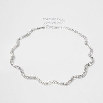 River Island Womens Plus Silver Tone Diamante Wavy Choker