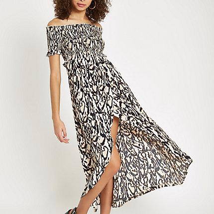 River Island Womens Print Bardot Shirred Maxi Dress