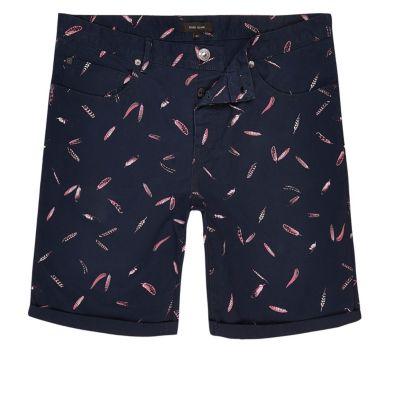 River Island Mensnavy Feather Print Slim Fit Chino Shorts