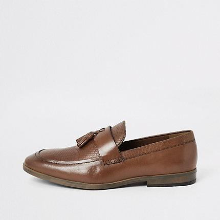 River Island Mens Leather Tassel Front Textured Loafers