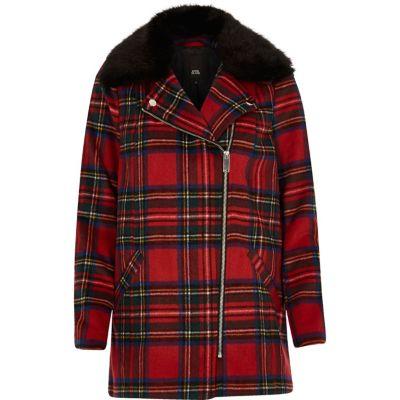 River Island Womens Tartan Check Biker Faux Fur Collar Coat