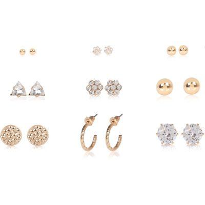 River Island Womens Gold Tone Rhinestone Stud Earrings Pack