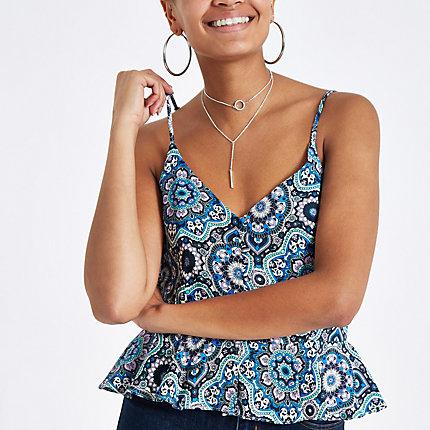 River Island Womens Print Peplum Hem Button Front Cami Top