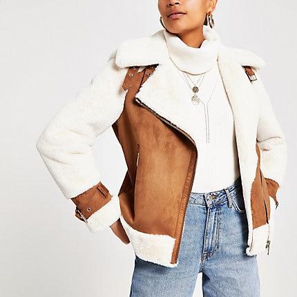 River Island Womens Faux Suede Shearling Aviator Jacket