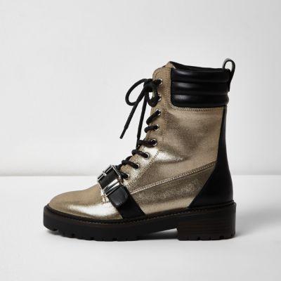 River Island Womens Gold Metallic Buckle Boots