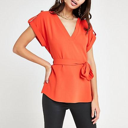 River Island Womens V Neck Tie Waist T-shirt