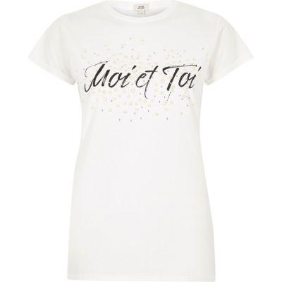 River Island Womens White 'moi Et Toi' Pearl Studded T-shirt