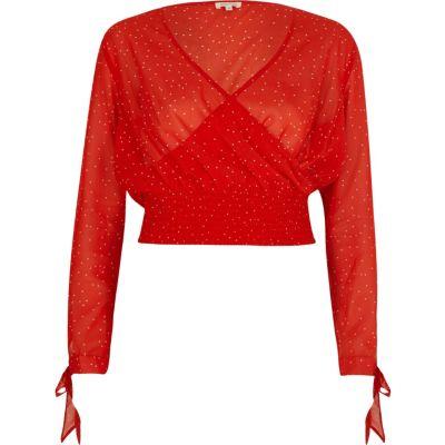 River Island Womens Spot Wrap Shirred Hem Crop Top