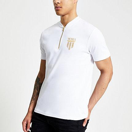 River Island Mens White Slim Fit Mcmlx Baseball Neck Polo Shirt