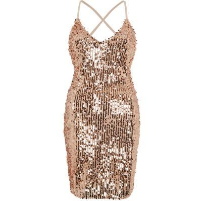 River Island Womens Gold Sequin Strappy Back Bodycon Dress