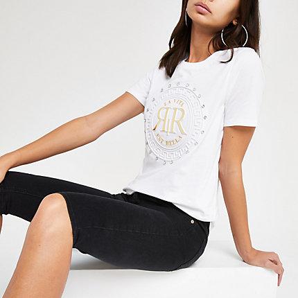 River Island Womens White Ri Embossed Diamante T-shirt