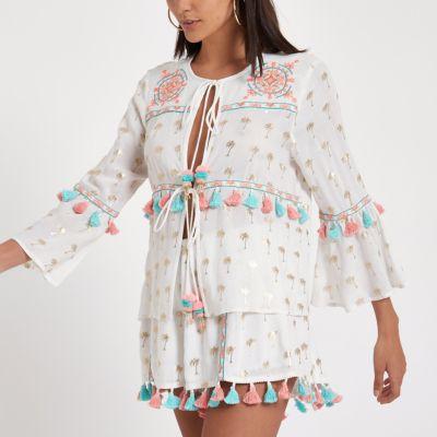 River Island Womens White Tassel Palm Print Beach Caftan