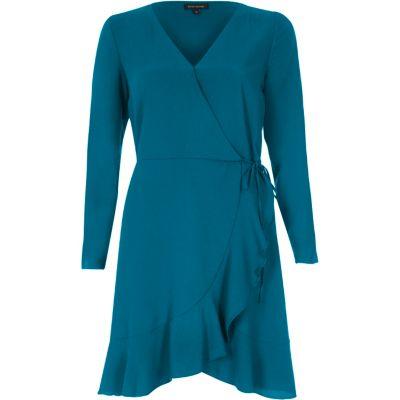 River Island Womens Blue Ruffle Hem Long Sleeve Wrap Dress
