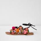 River Island Womens Floral Embroidered Pom Pom Sandals