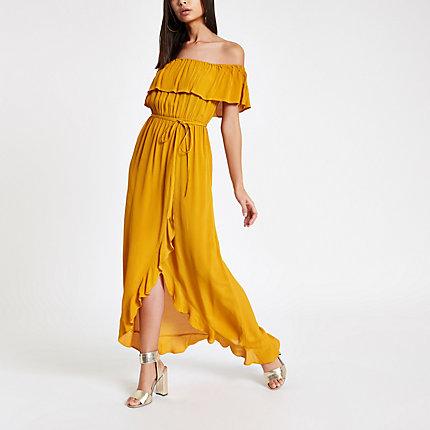 River Island Womens Tie Waist Frill Bardot Maxi Dress