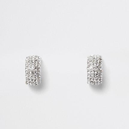 River Island Womens Silver Tone Rhinestone Pave Small Hoop Earrings