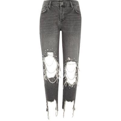 River Island Womens Washed Pearl Ripped Boyfriend Jeans