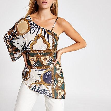 River Island Womens Print Embellished One Shoulder Top