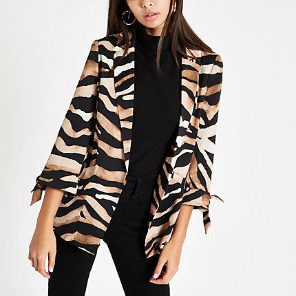 River Island Womens Zebra Print Tie Sleeve Blazer