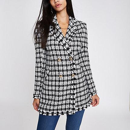 River Island Womens White Check Boucle Longline Jacket
