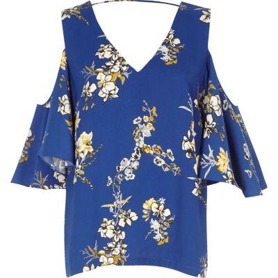 River Island Womens Floral Print Cold Shoulder Frill Top