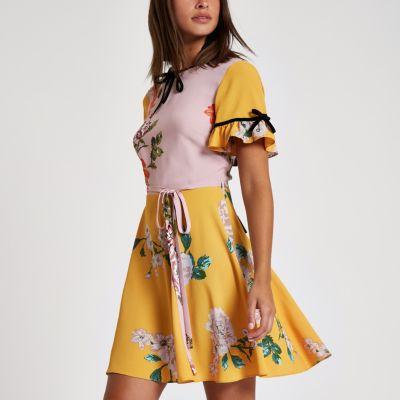 River Island Womens Floral Velvet Bow Mini Dress