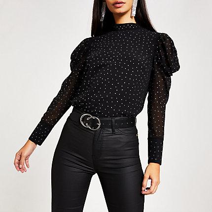 River Island Womens Diamante Long Puff Sleeve Top