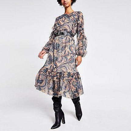 River Island Womens Paisley Tie Belted Ruffle Midi Dress
